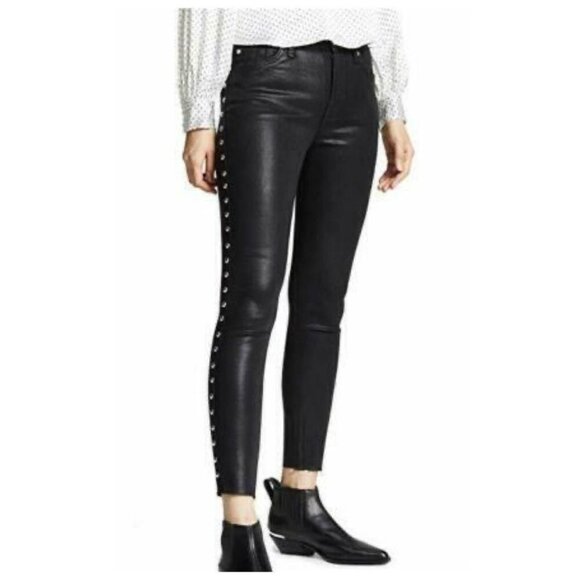 7 for All Mankind Womens Studded Shiny Coated Skinny Ankle Jean Sz 27 Black Fray - Picture 2 of 12